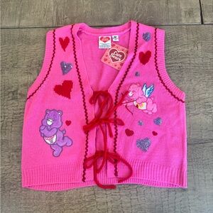 NWT Care Bears Pink Knit Sweater Vest Y2K Heart Tie Front Graphic - SIZE M